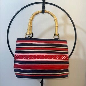 Tianni Nautical Canvas Striped Handbag Red White Navy Blue‎ Bamboo Handle Tote